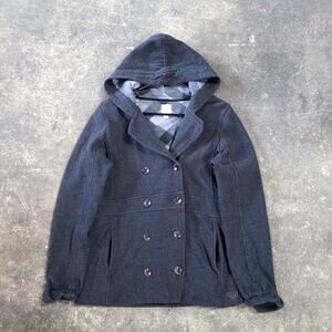 Vintage Roxy Peacoat Jacket Womens L Gray Fleece Button Up Hooded Preppy Y2K